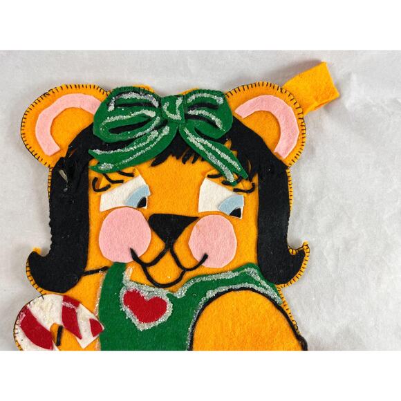 Handsewn Lioness Animal Felt Christmas Stocking Anthropomorphic Vintage 1960s - Picture 2 of 5